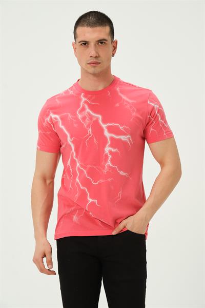Erkek Şimşek Baskılı Regular Fit Tişört Rose Red
