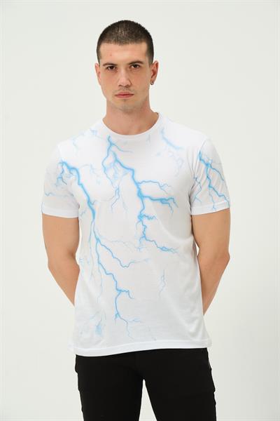 Erkek Şimşek Baskılı Regular Fit Tişört Beyaz
