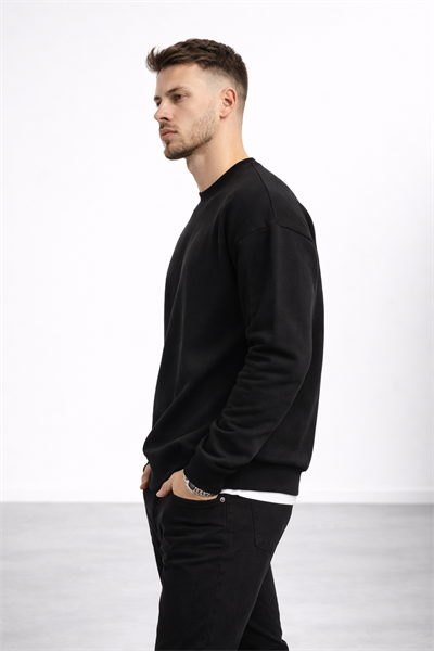 Erkek Siyah 3 İplik Şardonlu Kalın Basic Bisiklet Yaka Oversize Sweatshirt