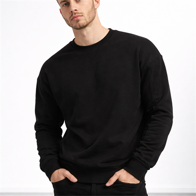 Erkek Siyah 3 İplik Şardonlu Kalın Basic Bisiklet Yaka Oversize Sweatshirt