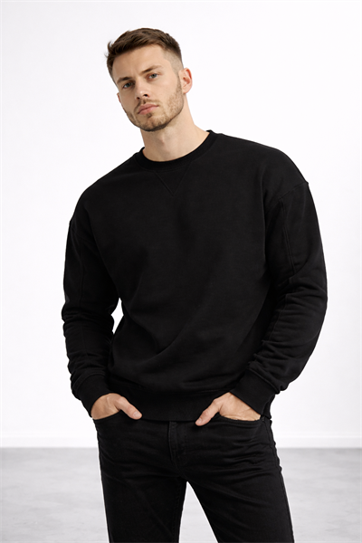 Erkek Siyah 3 İplik Şardonlu Kalın Basic Bisiklet Yaka Oversize Sweatshirt