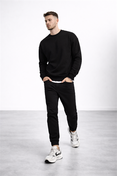Erkek Siyah 3 İplik Şardonlu Kalın Basic Bisiklet Yaka Oversize Sweatshirt