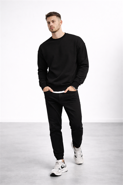 Erkek Siyah 3 İplik Şardonlu Kalın Basic Bisiklet Yaka Oversize Sweatshirt
