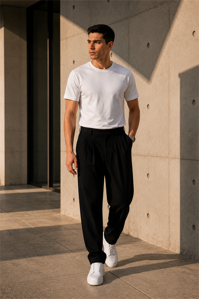 Erkek Siyah Baggy Fit Pileli Kumaş Pantolon
