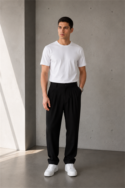Erkek Siyah Baggy Fit Pileli Kumaş Pantolon