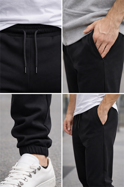 Erkek Siyah Jogger Eşofman Altı – Lastikli Paça Rahat Kalıp