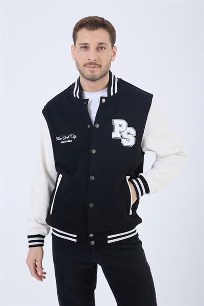 Erkek 3 İplik Pamuklu İçi Polarlı Regular Fit Nakışlı Siyah Kolej Ceket  