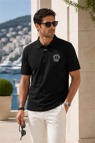 Erkek Siyah Polo Yaka Nakışlı Pike T-Shirt