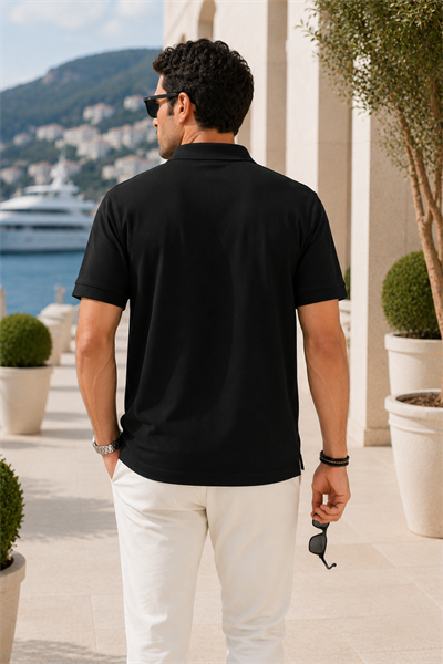 Erkek Siyah Polo Yaka Nakışlı Pike T-Shirt