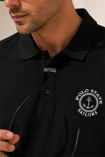 Erkek Siyah Polo Yaka Nakışlı Pike T-Shirt