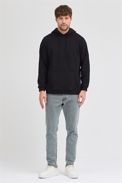 Erkek Siyah Standart Fit Normal Kesim Içi Polarlı 3 Iplik Kapüşonlu Pamuklu Sweatshirt