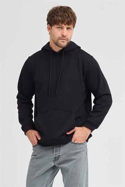 Erkek Siyah Standart Fit Normal Kesim Içi Polarlı 3 Iplik Kapüşonlu Pamuklu Sweatshirt