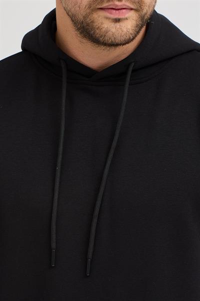 Erkek Siyah Standart Fit Normal Kesim Içi Polarlı 3 Iplik Kapüşonlu Pamuklu Sweatshirt