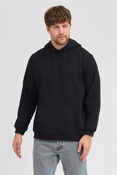 Erkek Siyah Standart Fit Normal Kesim Içi Polarlı 3 Iplik Kapüşonlu Pamuklu Sweatshirt