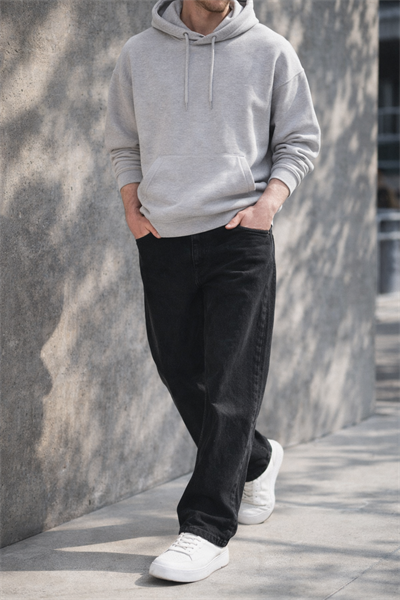 Erkek Siyah Yıkamalı Baggy Fit Kot Pantolon