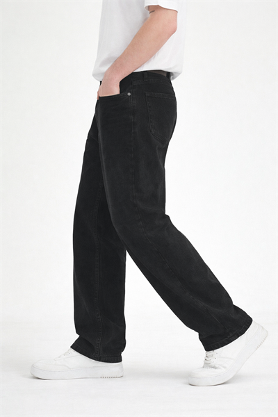 Erkek Siyah Yıkamalı Baggy Fit Kot Pantolon