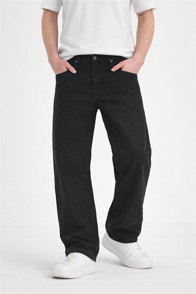 Erkek Siyah Yıkamalı Baggy Fit Kot Pantolon