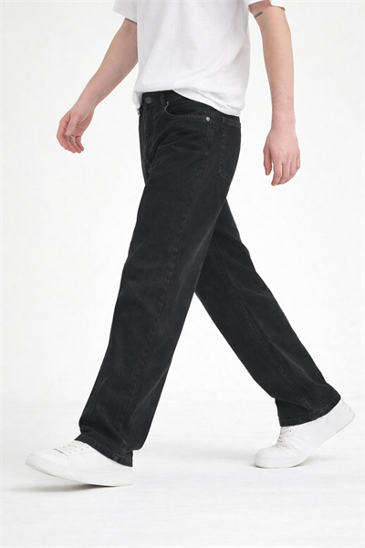 Erkek Siyah Yıkamalı Baggy Fit Kot Pantolon