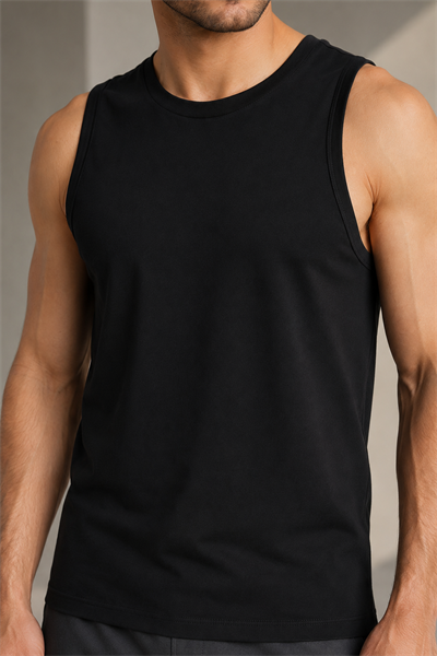Erkek Siyah Bisiklet Yaka Pamuk Elastan Regular Fit Spor Atlet