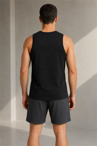 Erkek Siyah Bisiklet Yaka Pamuk Elastan Regular Fit Spor Atlet