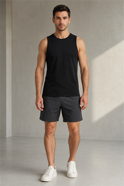 Erkek Siyah Bisiklet Yaka Pamuk Elastan Regular Fit Spor Atlet