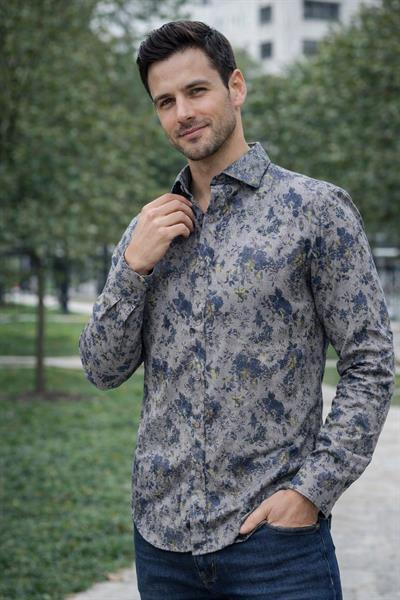 Erkek Slim Fit Çiçek Desenli Denim Gömlek