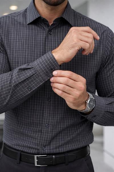 Erkek Slim Fit Klasik Kareli Kahverengi Gömlek