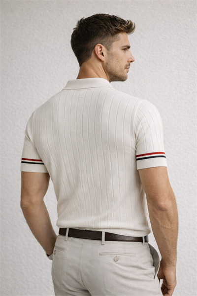 Erkek Slim Fit Triko Polo Yaka Çizgi Detaylı Ekru Tişört