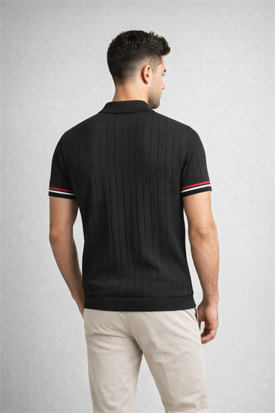 Erkek Slim Fit Triko Polo Yaka Çizgi Detaylı Siyah Tişört