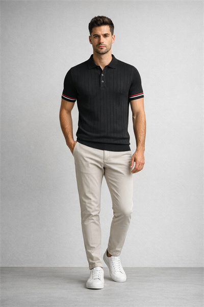 Erkek Slim Fit Triko Polo Yaka Çizgi Detaylı Siyah Tişört