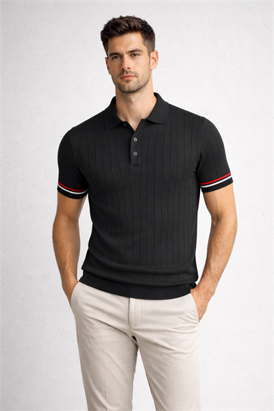 Erkek Slim Fit Triko Polo Yaka Çizgi Detaylı Siyah Tişört