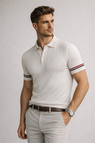 Erkek Slim Fit Triko Polo Yaka Çizgi Detaylı Ekru Tişört