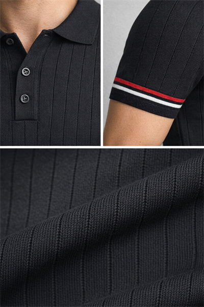 Erkek Slim Fit Triko Polo Yaka Çizgi Detaylı Siyah Tişört