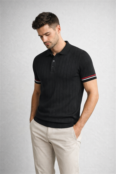 Erkek Slim Fit Triko Polo Yaka Çizgi Detaylı Siyah Tişört