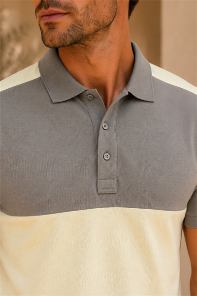 Erkek Taupe Gri Soft Sarı Blok Renk Polo Yaka T-Shirt