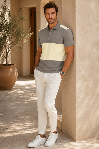 Erkek Taupe Gri Soft Sarı Blok Renk Polo Yaka T-Shirt
