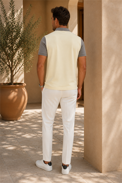 Erkek Taupe Gri Soft Sarı Blok Renk Polo Yaka T-Shirt