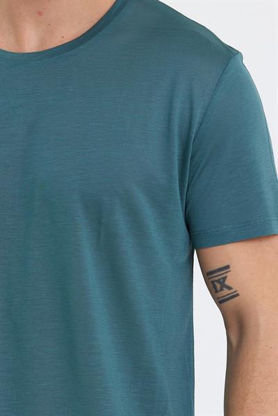 Erkek Tencel Kumaş Bisiklet Yaka T-shirt Nefti