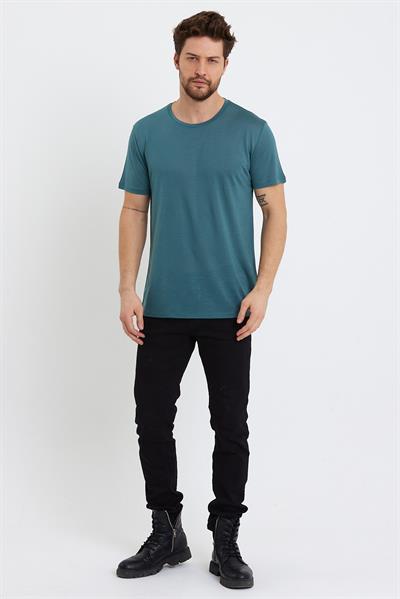 Erkek Tencel Kumaş Bisiklet Yaka T-shirt Nefti