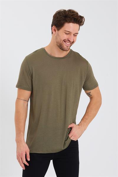 Erkek Tencel Kumaş Bisiklet Yaka T-shirt Haki