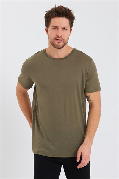 Erkek Tencel Kumaş Bisiklet Yaka T-shirt Haki