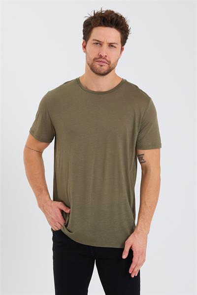 Erkek Tencel Kumaş Bisiklet Yaka T-shirt Haki