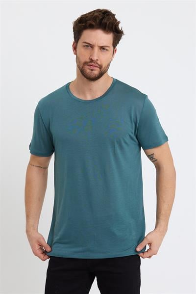 Erkek Tencel Kumaş Bisiklet Yaka T-shirt Nefti