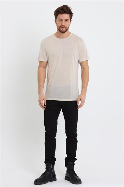 Erkek Tencel Kumaş Bisiklet Yaka T-shirt Taş