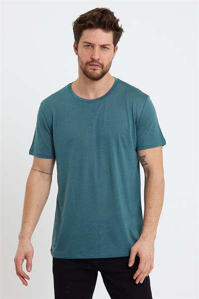 Erkek Tencel Kumaş Bisiklet Yaka T-shirt Nefti