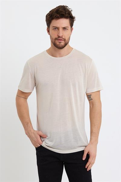 Erkek Tencel Kumaş Bisiklet Yaka T-shirt Taş