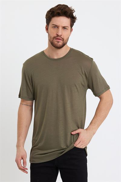 Erkek Tencel Kumaş Oversize T-shırt Haki