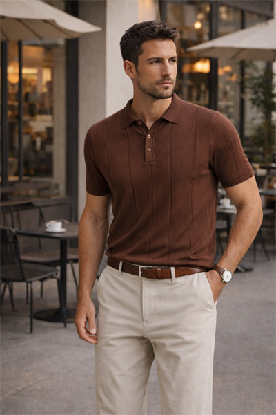 Erkek Triko Polo Yaka Kısa Kollu Dikey Desenli Slim Fit Tişört Kahverengi