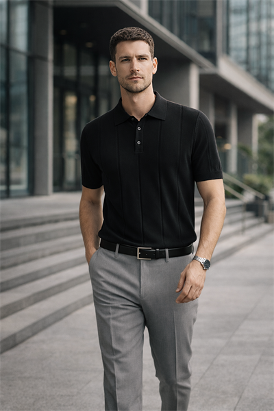 Erkek Triko Polo Yaka Kısa Kollu Dikey Desenli Slim Fit Tişört Siyah