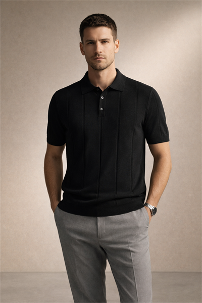 Erkek Triko Polo Yaka Kısa Kollu Dikey Desenli Slim Fit Tişört Siyah
